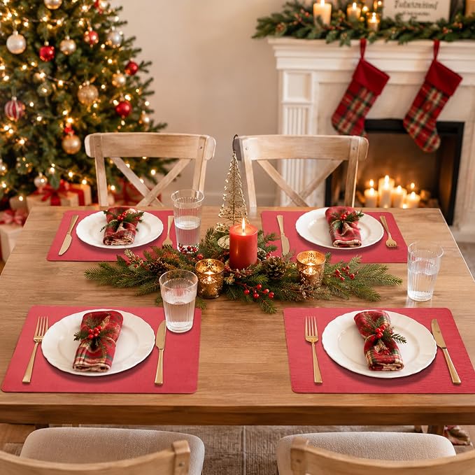 Maxpearl Red Placemats Set of 6, Faux Leather Dining Table Mats -Waterproof - Wipe Clean - Heat Resistant - Anti Slip, Suitable for Indoor & Outdoor Use, 17''×12''