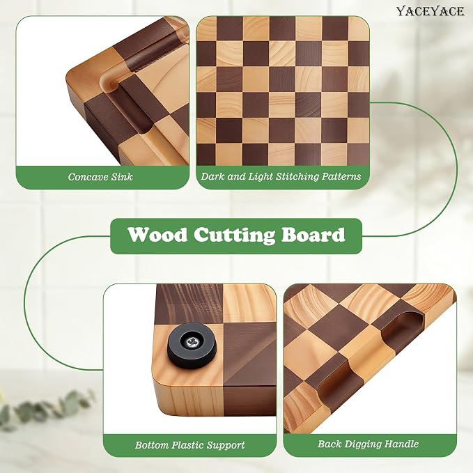 Wooden Cutting Boards for Kitchen, Large Size 16.5"x12" Acacia Wood Cutting, Thick Wood Checkered Chopping Boards for Home, Kitche, Foods