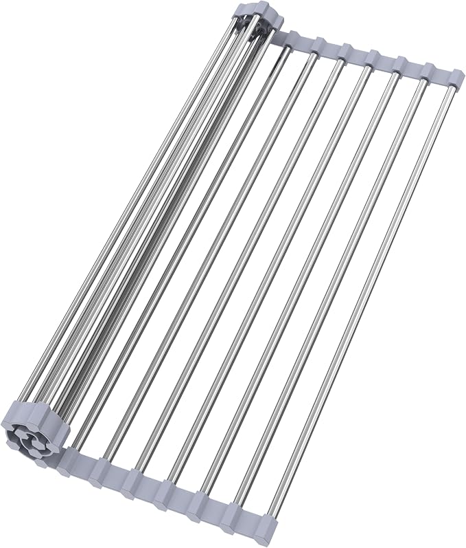 Roll Up Dish Drying Rack for Over Sink -17.5"x11.8" Foldable Stainless Steel Kitchen Drainer，Gray