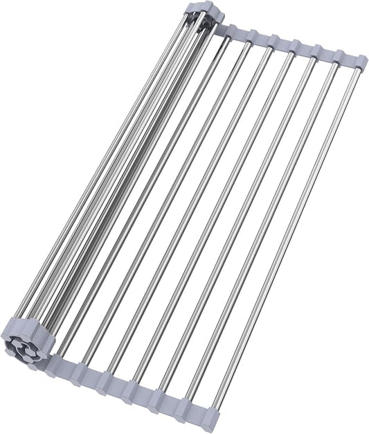 Roll Up Dish Drying Rack for Over Sink -17.5"x11.8" Foldable Stainless Steel Kitchen Drainer，Gray