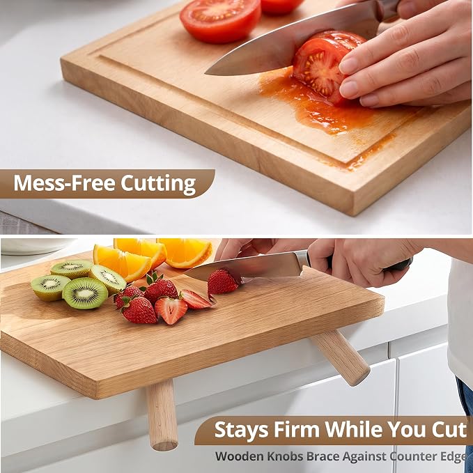 Wooden Cookbook Stand & Cutting Board, 3-in-1 Recipe Book Holder & Tablet Stand with Detachable Boards, Serving Tray, Juice Groove for Kitchen Counter
