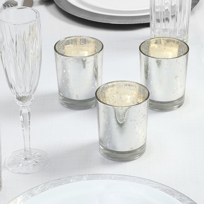 Hosley Set of 8 Metallic Mercury Glass Votive Tealight Candle Holders – Choice of Colors, Perfect for Parties, Weddings, Events, Aromatherapy, and Daily Use (Silver)