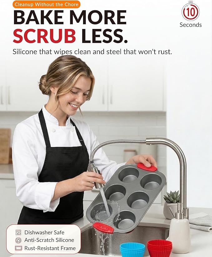 Boxiki Kitchen Non-Stick Steel 6 Cup Muffin Pan with Silicone Handles and Reusable Liners - Perfect for Baking Large Muffins and Cupcakes