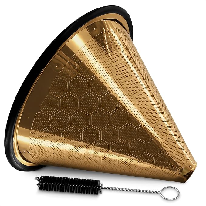 Pour Over Coffee Filter Reusable Stainless Steel - 800 Mesh Gold Cone with Black Ring for Clean, Sediment-Free Brew, Compatible with Hario V60 & Chemex, Paperless Coffee Dripper with Cleaning Brush