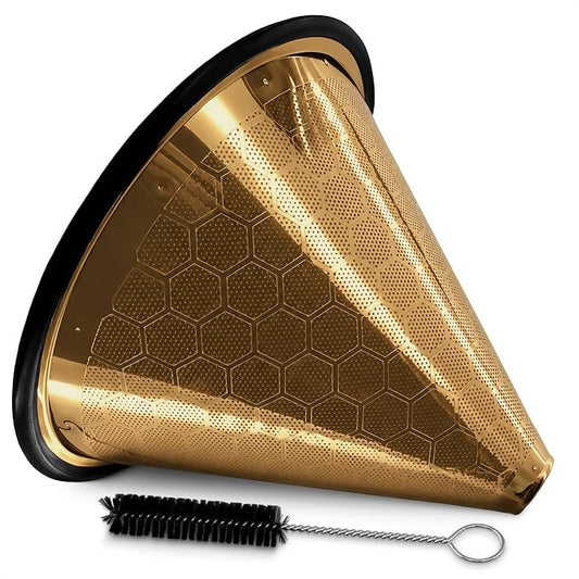 Pour Over Coffee Filter Reusable Stainless Steel - 800 Mesh Gold Cone with Black Ring for Clean, Sediment-Free Brew, Compatible with Hario V60 & Chemex, Paperless Coffee Dripper with Cleaning Brush