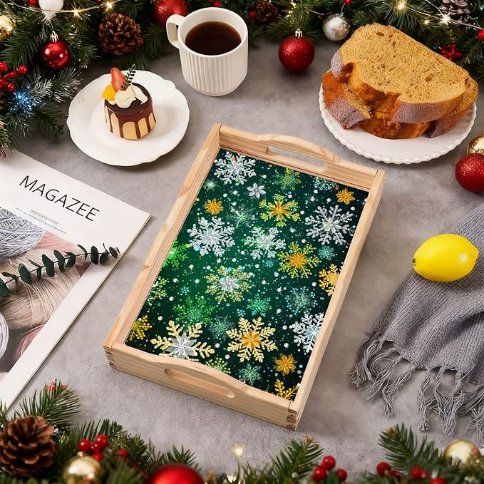 BAYUNOE DIY Diamond Serving Tray Christmas Rectangular Breakfast Tray with Handle Handmade Diamond Art Painting Wooden Tray for Dinner Plate Coffee Room Living Home Organizer-Snowflake