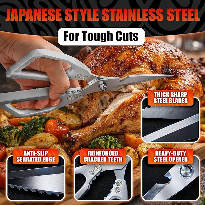 Poultry Shears Heavy Duty Set of 2 – 3Cr13 Stainless Steel | Style of Japanese Kitchen Scissors for Food, Detachable & Dishwasher Safe – Poultry, Meat, & Vegetable Cutting, Nutcracker Utility Tool