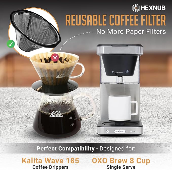 HEXNUB Reusable Metal Coffee Filter for Kalita Wave 185 and OXO 8 Cup | Fine Stainless Steel Mesh for Durable Sustainable Brewing, Reduces Waste and Replaces Disposable Paper Filters