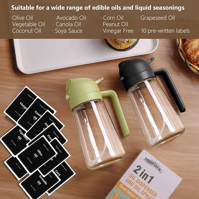 SWEET VIEW 2PCS Oil Sprayer for Cooking, 16oz/470ml Glass Oil Dispenser/Pour Bottle, Kitchen Accessories, Kitchen Gadgets for Air Fryer, Salad, BBQ, with Stickers (Black,Black)
