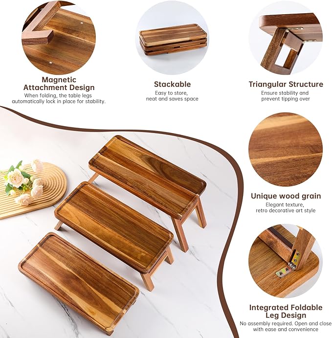 Tiered Serving Tray 17 Inch Acacia Wooden Cupcake Stand & Platters 3 Tiered Tray Foldable Dessert Table Display Set Decor for Party Charcuterie Boards for Birthday, Wedding, Christmas, Valentine's Day