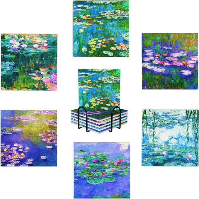 Drinks Absorbent Coasters with Holder Set of 6, Coffee Table Decor, Ceramic Stone Coaster with Cork Base Tabletop Protection Mat for Mugs and Cups,Office,Kitchen (Monet Water Lilies 2)