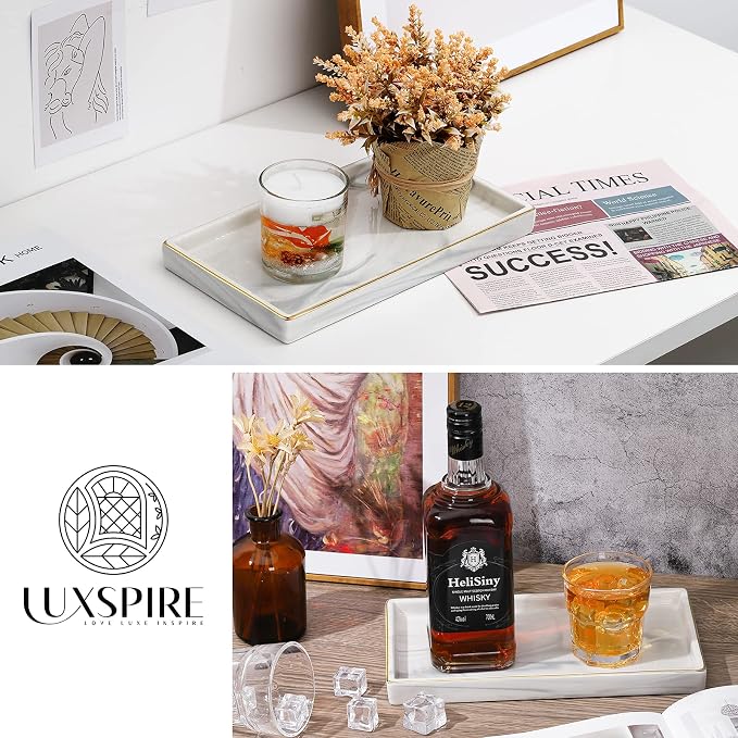 Luxspire Bathroom Vanity Tray, 11" Marble Ceramic Bathroom Trays for Counter, Bath Tray for Dresser, Kitchen Counter Tray, Perfume Tray, Bathroom Accessories, Medium, Marble White