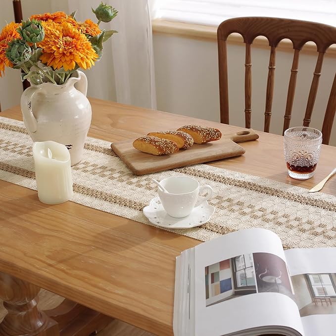 Niviy Boho Table Runner with Tassels 12 x 108 Inches Long, Cream & Brown Rustic Farmhouse Table Runner with Tassels for Home Kitchen Holiday Party and Wedding Decor Runner