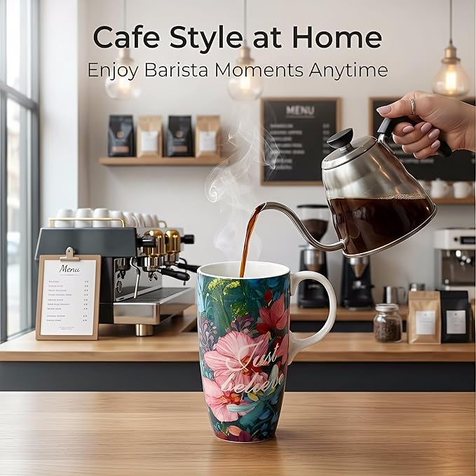 DUSVALLY 17oz Ceramic Coffee Mug with Lid – Splash-Resistant Mug with Handle, Large Coffee Mugs,Just Believe Flowers Tea Cup Set, Cute Coffee Mugs, Microwave Safe Ceramic Mug