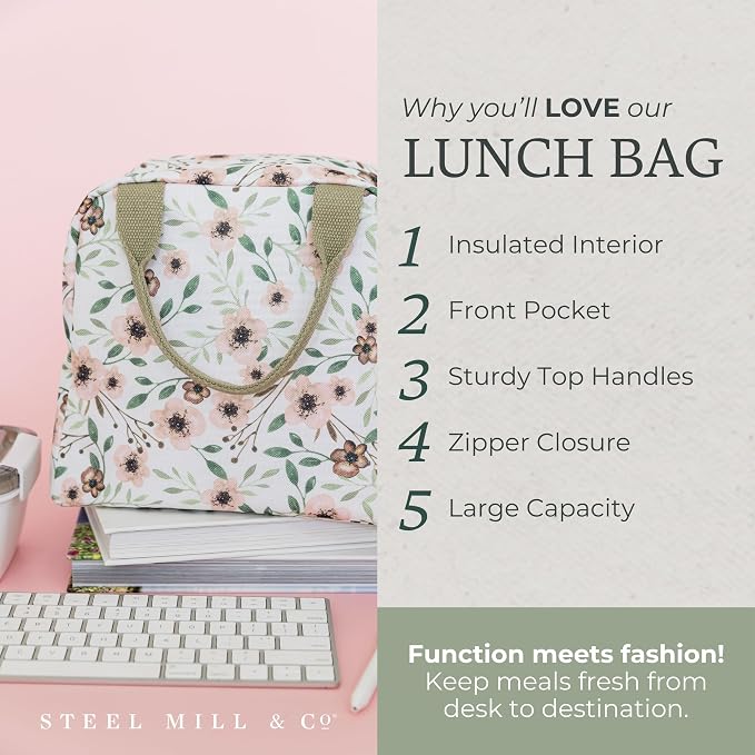 Steel Mill & Co Insulated Lunch Tote Bag for Women, Large Capacity Cooler Lunch Box, Cute Lunch Bag for Adults, Mini Cooler with Zipper Closure, Pockets, and Sturdy Handles (Woodland Floral)