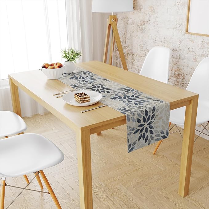 Snycler 13x48 Inch Table Runner Navy Blue Dahlia Pinnata Flower Table Runners Modern Elegant Pompon Farmhouse Geometric Table Center White Linen Decor for Home Dining Party Entrance
