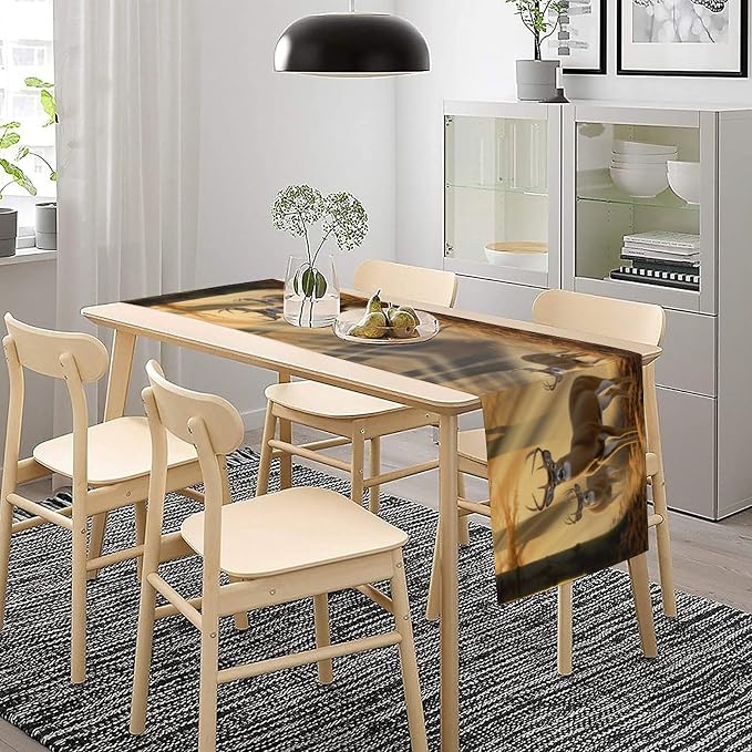 Deer Table Runner, Vintage Rustic Forest Hunting Lodge Elk Animal Table Decor Table Top Dining Kitchen Wedding Party 13x108 in
