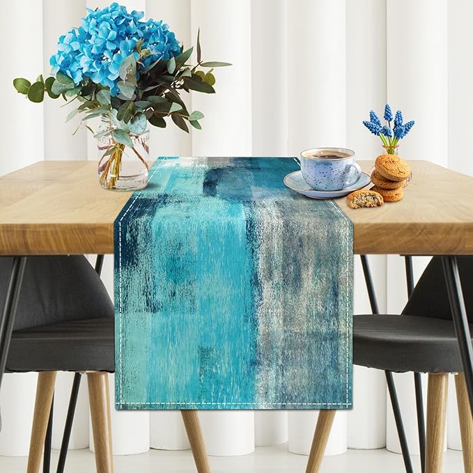 Teal Grey Table Runners Modern Art Farmhouse Linen Table Runners Dresser Scarves Retro Rustic Style for Party Kitchen Dining Table Coffee Holiday Party Decor (13"x 36", Teal Grey)