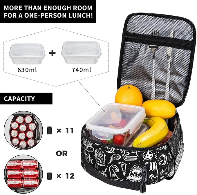 Gianlaima Witchcraft Halloween Skull Maggic Witch Insulated Lunch Box For Women Man, Portable Lunch Bag Reusable Cooler Tote For Office Work Travel Picnic Camping Beach