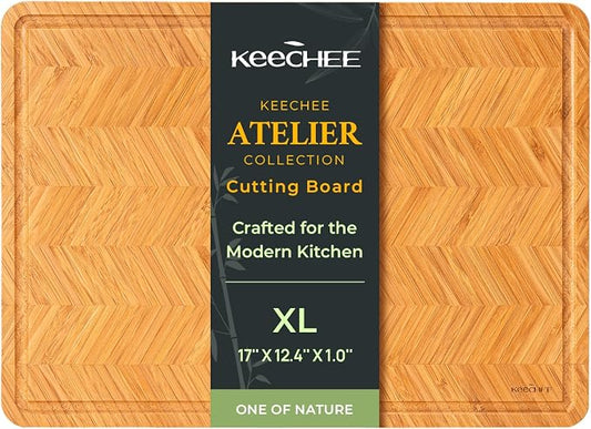 Keechee Atelier Collection Bamboo Cutting Board, Reversible Wood Chopping Boards for Kitchen with Juice Grooves, Handcrafted Large Serving Tray, Luxury Housewarming Wedding Gifts for New Home