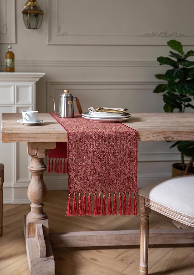 ZeeMart Red Table Runners 36 Inches Long, Burlap Linen Style Rustic Farmhouse Table Runner, Small Short Boho Coffee Table Runner, 13x36 Inches, Red