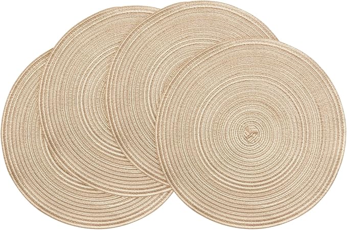 Floroom 15 Inch Round Braided Placemats Set of 4, Washable Heat Resistant Cotton Polyester Circle Place Mats for Kitchen Dining Table - Dunes Khaki