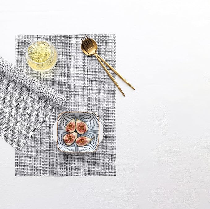 LEXMORE PlaceMats Set of 12 Vinyl/Plastic Woven Place Mats for Kitchen Table Indoor/Outdoor Washable PlaceMat Wipeable Dining Table Mats(Gray)
