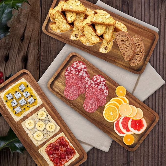GNIEMCKIN Wooden Serving Platter, 13.8 x 5.1 Inch, Set of 4, Acacia Wood Tray, Perfect for Serving Charcuterie, Desserts, Dips, Sushi, Parties, Family Gatherings, Weddings, and Home Decor