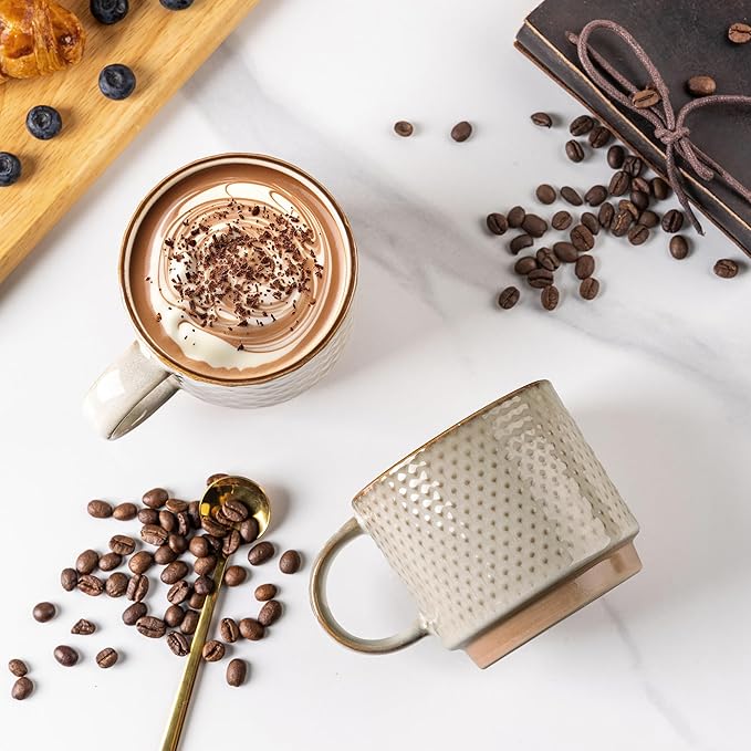 GBhome 12OZ Stackable Coffee Mugs with Stand, Ceramic Coffee Mugs with Texture Patterns for Man,Woman,Dad,Mom, Modern Coffee Cups Set of 4 for Latte/Cappuccino/Cocoa. Dishwasher&Microwave Safe