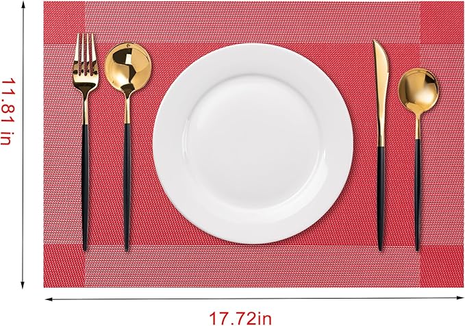 CADONO Placemats Set of 6 Washable Indoor/Outdoor Vinyl Place Mats for Dining Table Durable Non-Slip Heat Resistant PVC Weave Table Mats（Four-Corner-Red）