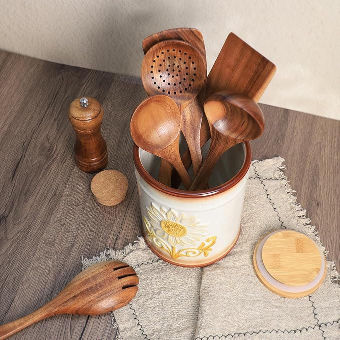 Retro Ceramic Sunflower Embossed Pattern Kitchen Utensil Holder, Large Cooking Utensil Crocks for Kitchen Countertop, Sunflower Utensil Organizer