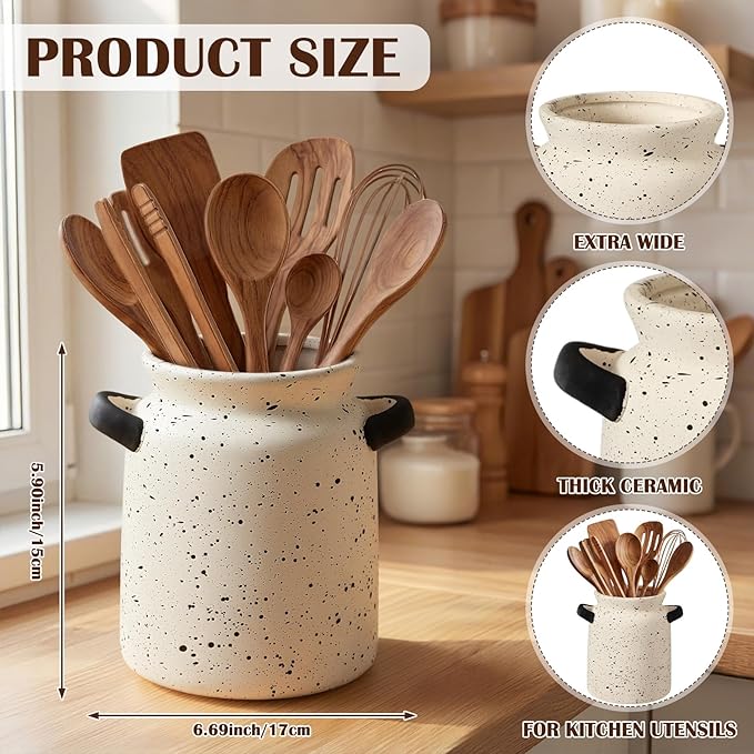 Qinyoung Rustic Kitchen Utensil Holder 6 Inch Small Ceramic Utensil Holder with Handle Vintage Crock Decoration Spatula Organizer for Kitchen Countertop Farmhouse Party Supplies (Beige,Speckled)