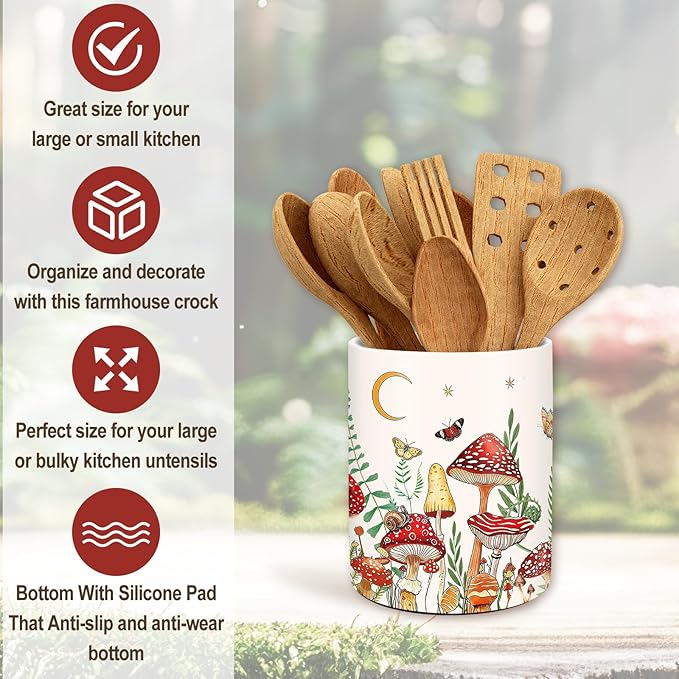 JarThenaAMCS Vintage Mushroom Ceramic Utensil Holder Watercolor Mushroom Moon Utensil Crock for Home Kitchen Countertop Storage Organizer Container