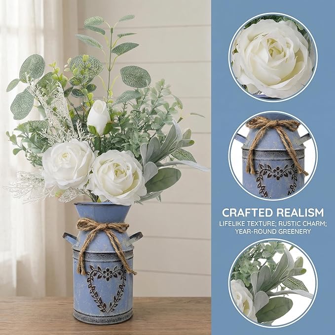 Faux Flowers in Vase 17.5" H Artificial Silk Roses Flower Fake Plants Eucalyptus Arrangement in Metal Vase Faux Silk Floral for Dining Table Centerpieces Home Office Decoration (White/Blue Vase)