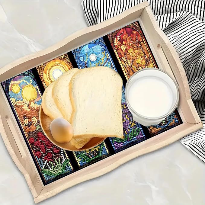 BAYUNOE DIY Diamond Serving Tray Rectangular Breakfast Tray with Handle Handmade Diamond Art Painting Wooden Tray Spring Creative Dinner Plate Coffee Room Living Home Organizer-Four Seasons Scenery