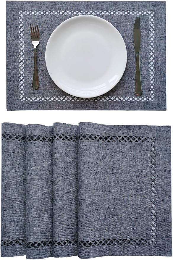 Placemats Set of 4 for Dining Table with Hollow Edge Design- Table Mats 12x 18 Inch, Cloth Place mats Machine Washable (Grey 4pcs)