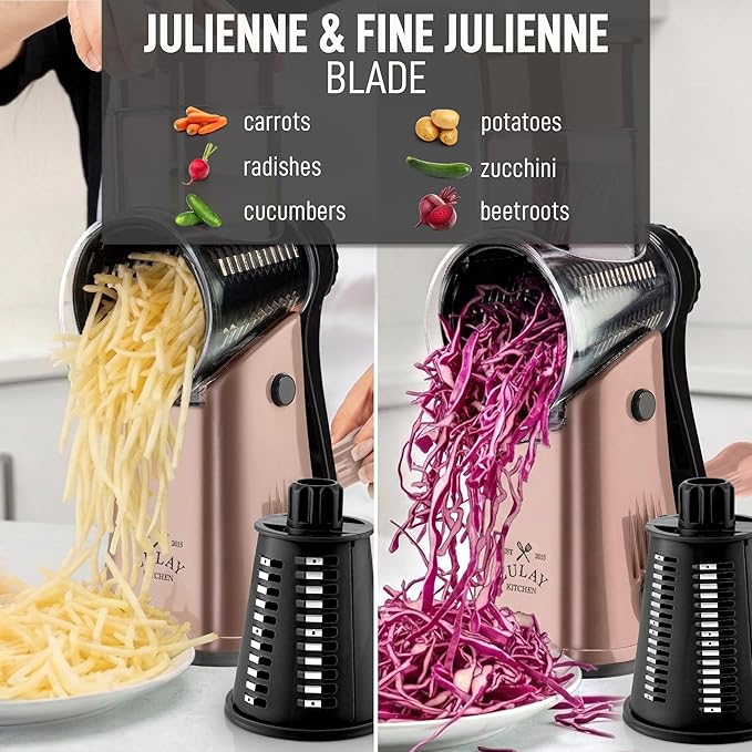 Zulay Kitchen Rotary Cheese Grater 5 Blade Cheese Shredder - Manual Hand Crank Cheese Grater With Reinforced Suction & 5 Interchangeable Drums - Easy to Use, Vegetable Chopper Round Mandoline Slicer