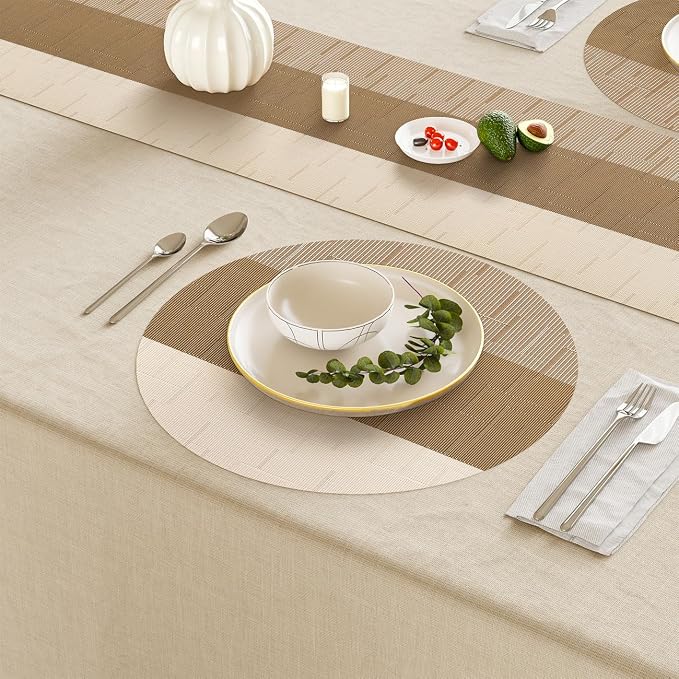 Round Placemats Set of 4, 15 Inch Woven Vinyl Heat Resistant Place Mats, Washable Non Slip PVC Table Mats for Kitchen Dining Party Outdoor Table Decor (Beige Light Brown, 4)