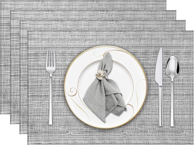 Niviy Grey Placemats Set of 4, 12x18 Inch Washable Easy to Clean Heat-Resistant Anti-Skid Grey Placemats for Holiday Party Kitchen Dining Room Decoration