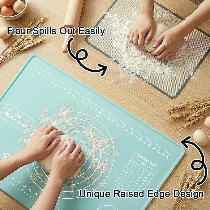 Silicone Pastry Mat 28" x 20" Extra Thick Silicone Baking Mat with Measurements and Edge Heightening Non-stick Food Grade Dough Rolling Mat Kneading Sheet for Pastry, Bread, Cookies (Mint Green)