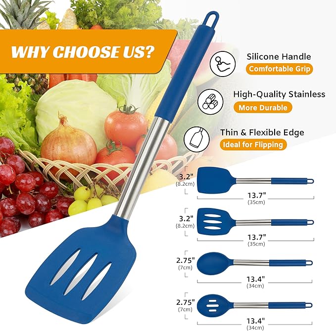 Kitchen Utensils Silicone Cooking Utensils Set for Nonstick Cookware Silicone Cooking Kitchen Utensils Set Perfect for Baking and Mixing Spatula Set BPA Free Dishwasher Safe Blue 4 Pack