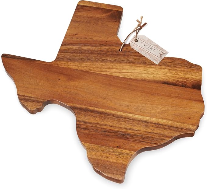 Twine Texas-Shaped Acacia Wood Cheese Board - Durable Cheese, Charcuterie and Serving Platter with Hanging Loop, Perfect for Entertaining and Kitchen Décor, Texas Cutting Board, Set of 1