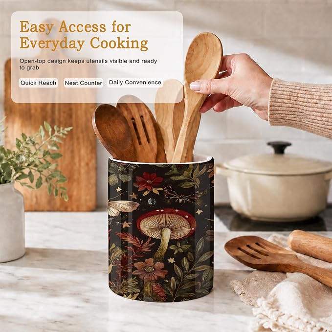 Red Mushroom Utensil Holder for Countertop,Moth Moon Magic Forest Ceramic Utensil Crock Organizer for Home Kitchen Spoons,Spatulas and Cooking Tools