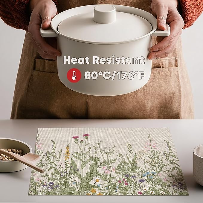 Artoid Mode Wild Flower Vinyl Placemats Set of 6, Wipeable Colorful Printing PVC Table Mats for Spring Party Kitchen Dining Decor, 12x18 Inch