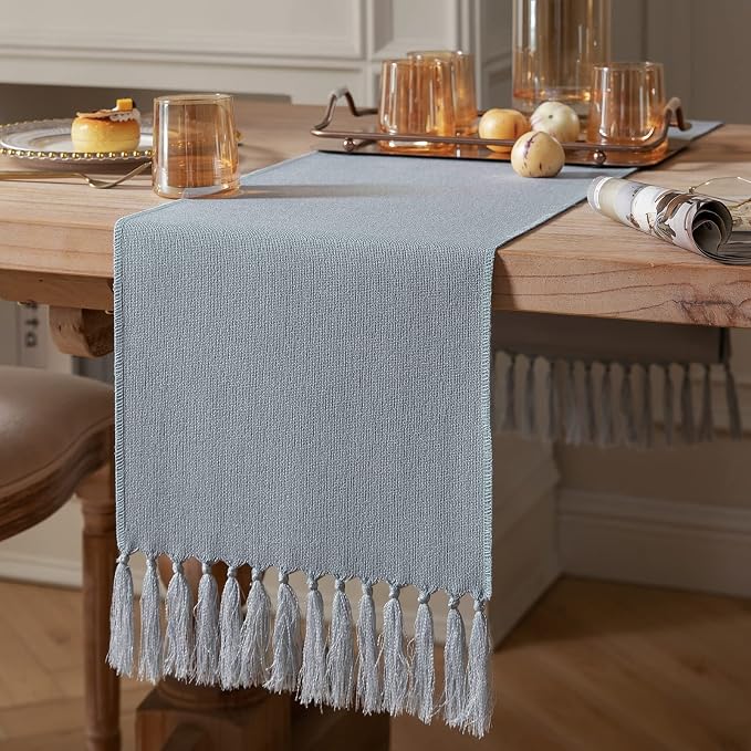 ZeeMart Dusty Blue Table Runners 48 Inches Long, Burlap Linen Style Rustic Farmhouse Table Runner, Small Short Boho Coffee Table Runner, 13x48 Inches, Light Dusty Blue