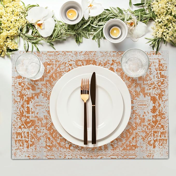 Gray Orange Boho Placemats Set of 4 Ethnic Bohemian Carpet Place Mats Washable Kitchen Dining Vintage Grey Geography Floral Linen Table Mats Stain Heat-Resistant Cloth Tabel for Home Party 12x18 in