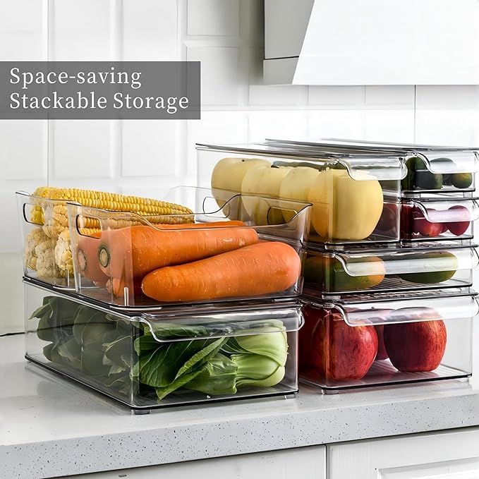 Zerodis Fridge Storage Container, Stackable Refrigerator Bins with Lids Clear Fridge Organizer Case for Food Drinks Vegetable