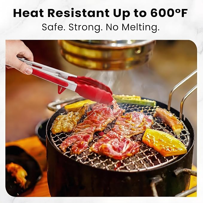 Kitchen Tongs Set of 2 (9” & 12”) – Stainless Steel & Silicone Cooking Tongs with Built-in Stand & Dishwasher Safe – Heat Resistant up to 600°F – Perfect for Grilling, BBQ, Salad & Frying