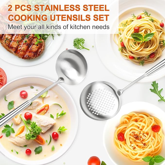 2PCS Soup Ladle Stainless Steel and Slotted Spoon Set, 304 Wok Utensils Set, Metal Strainer Spoon for Cast Iron/Carbon Steel Wok