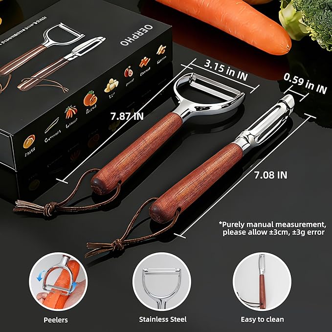 Vegetable Peeler, Premium Y-Shaped and I-Shaped Stainless Steel Potato Peelers Set, Multifunctional Kitchen Peeler Real Wood Handle Ultra Sharp Blade Vegetable Fruit Carrot Apple (2PCS)